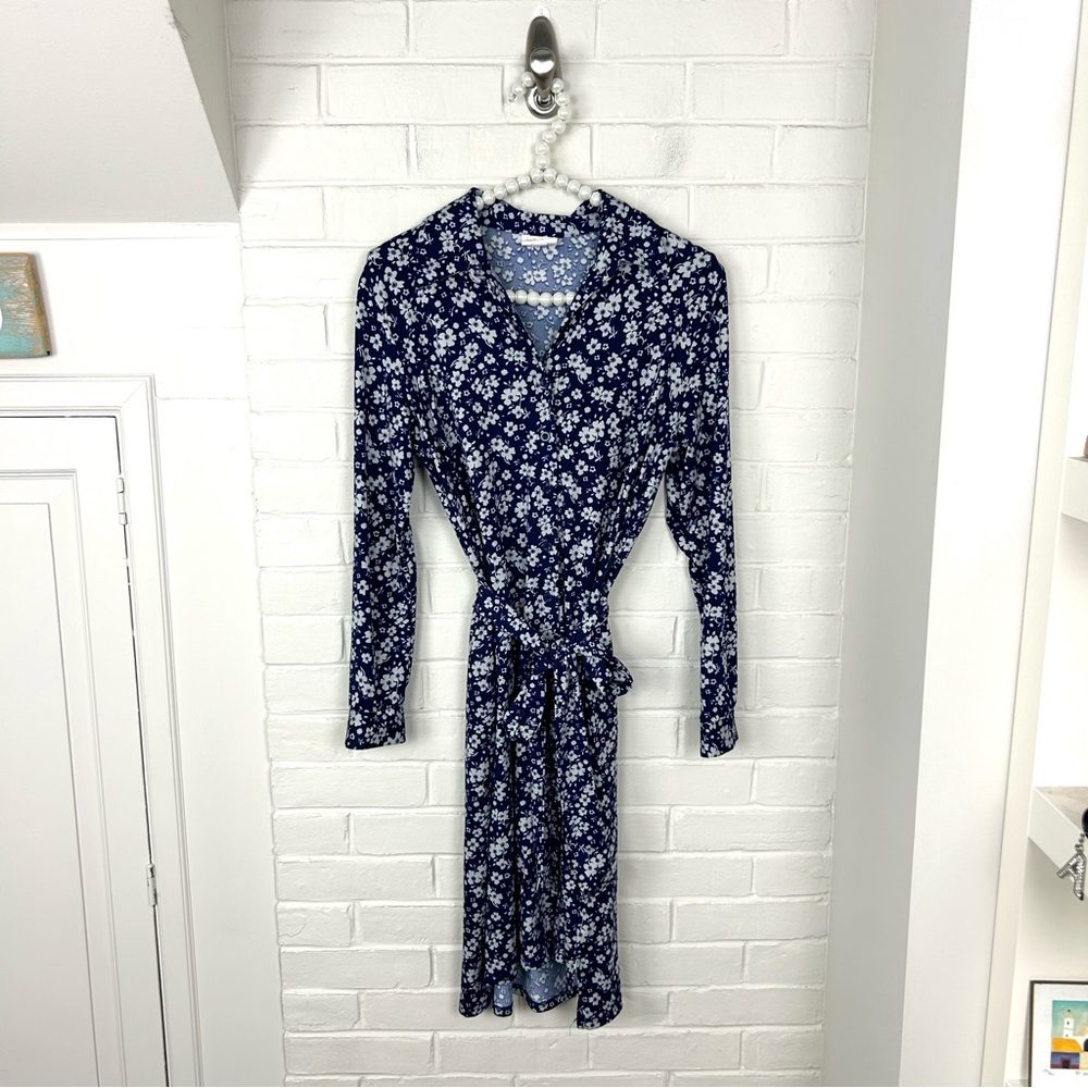 Lularoe Blue White Floral Stretch Button Front Long Sleeve Shirt Dress Size XS - Picture 2 of 10